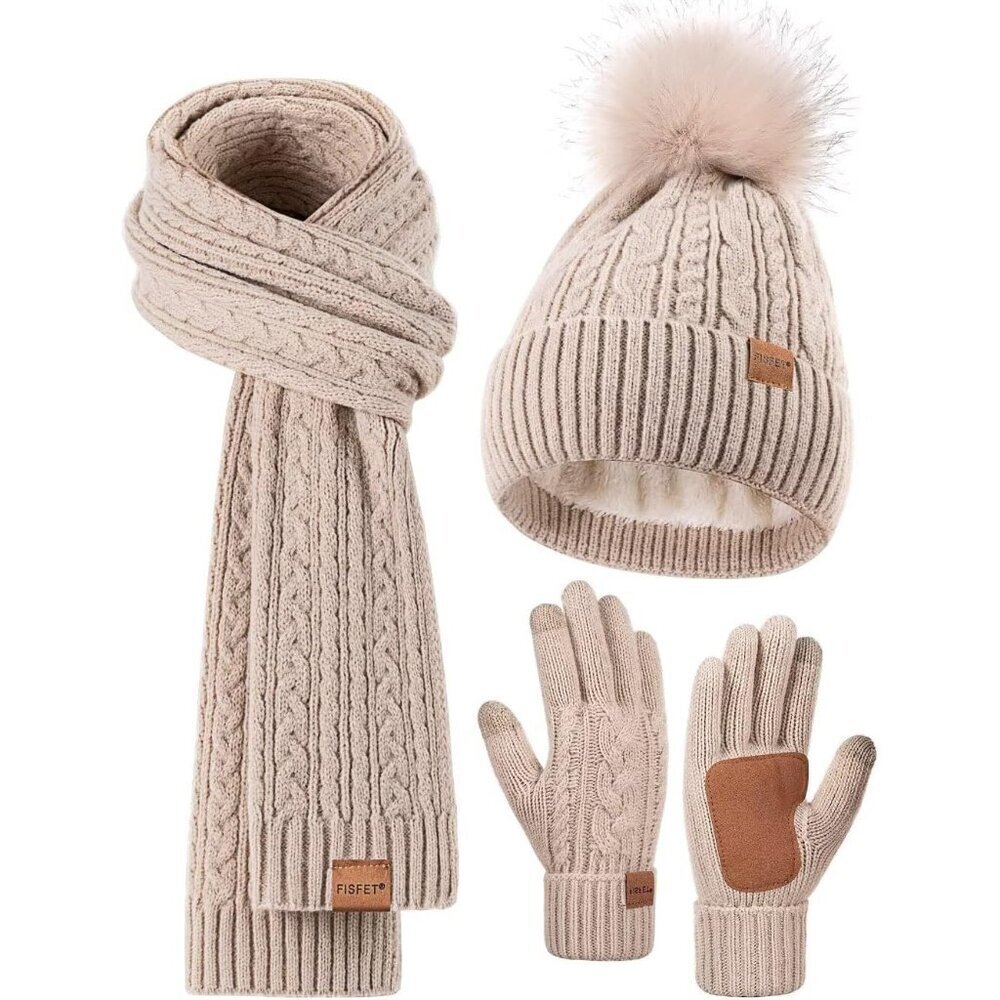 Women winter hat scarf gloves set fleece lined knit stylish gift warm